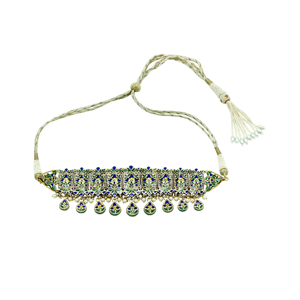 Polki Choker with Square and Teardrop Settings and Pearl Drops